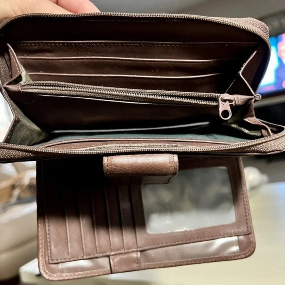 Vintage Brown Leather Wallet Hand Tooled Cut Outs Embellished Tons of slots!